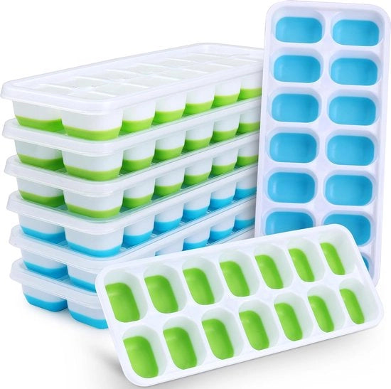 Igloo in forma di cubetto di ghiaccio in silicone, 8 pezzi, facile da aprire e flessibile per 14 cubetti di ghiaccio con coperchio resistente alle gocce, contenitore per cubetti di ghiaccio con coperchi per frigorifero, cocktail (4 blu + 4 verde)