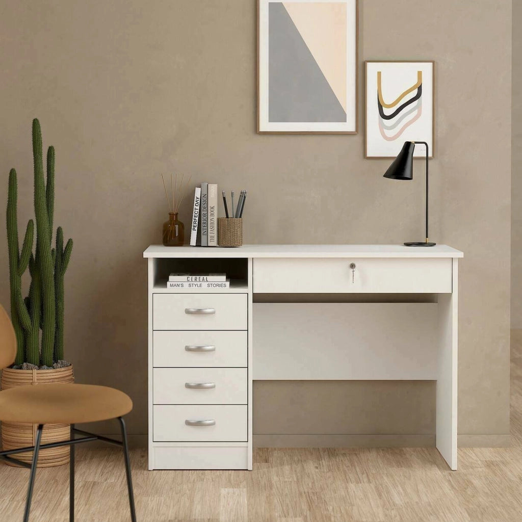 Scrivania a cinque Amor, colore bianco, Misure 109 x 75 x 48 cm