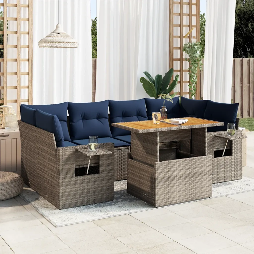 Set Divani da Giardino 7 pz con Cuscini Grigio in Polyrattan
