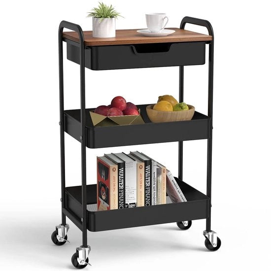 Trolley 3 livelli per cucina/bagno con piastra in legno - ruote flessibili - servizio multifunzionale