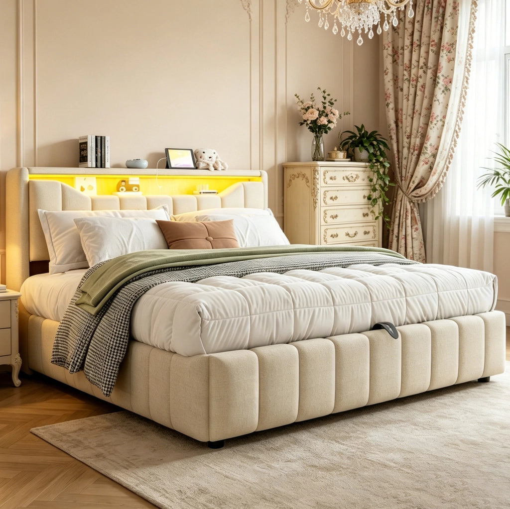 Letto imbottito beige con contenitore idraulico, LED e ricarica USB