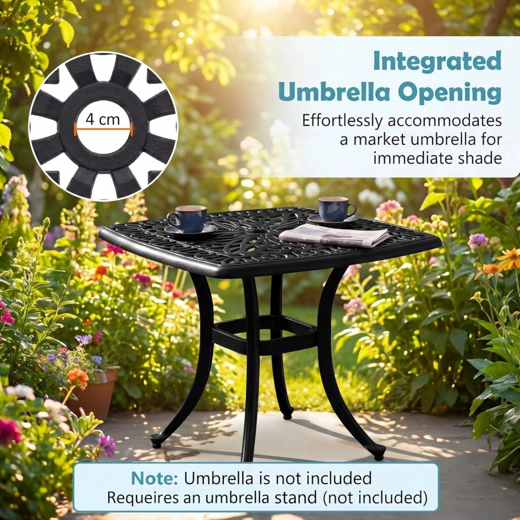 Tavolo da giardino con foro per ombrellone e motivo floreale decorativo, in alluminio pressofuso resistente alle intemperie, per gazebo, balcone e cortile, 54 x 54 x 53 cm