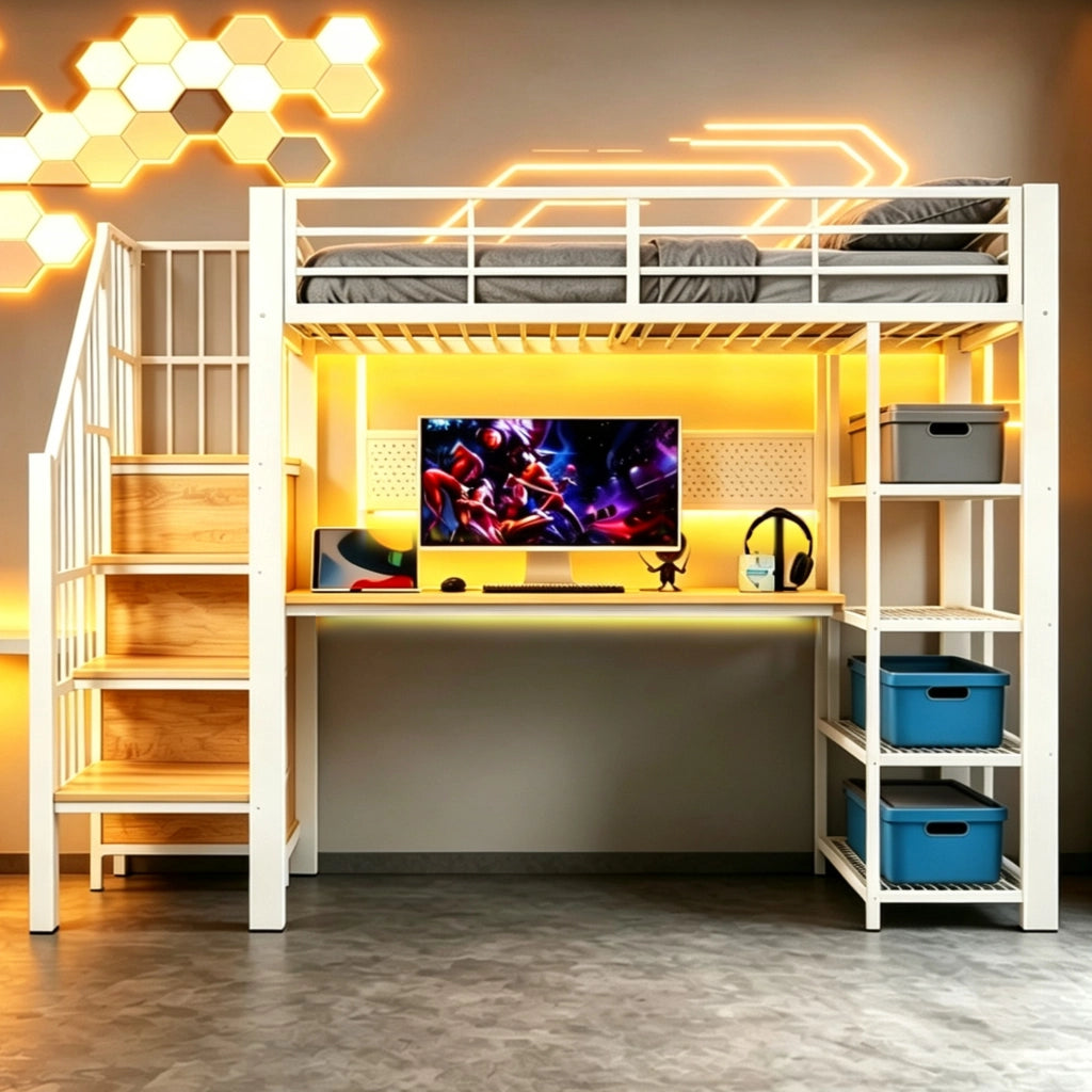 LETTO a soppalco 90 x 200 cm con scala contenitore, LED, prese, bianco