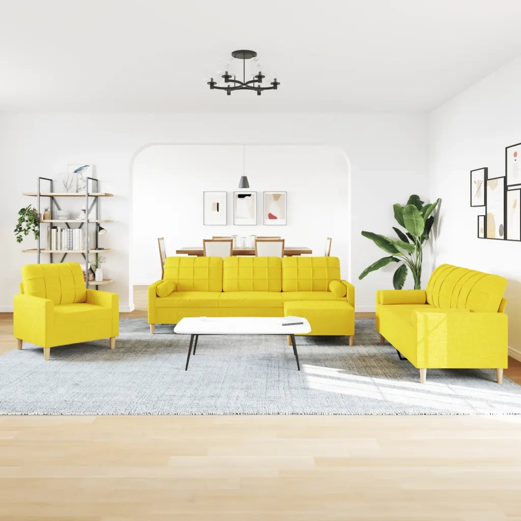 vidaXL Set Divani 4 pz con Poggiapiedi e Cuscini Giallo Chiaro Tessuto