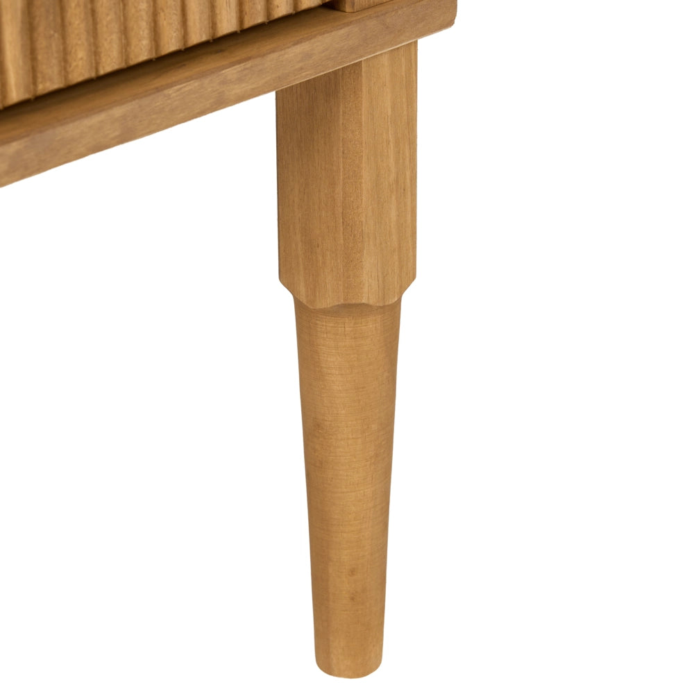 Comodino in legno di pino marrone chiaro con 2 cassetti, gambe in legno e frontali scanalati, per camera da letto