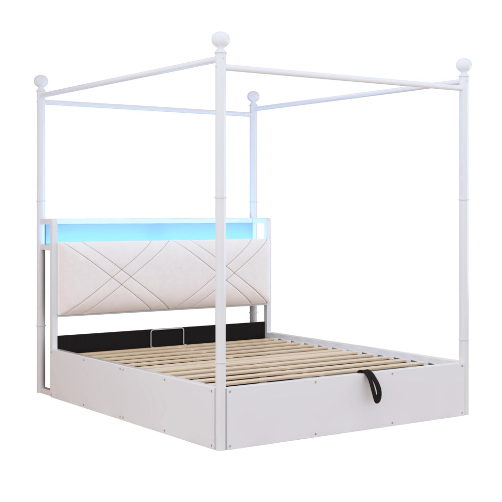 Letto matrimoniale in ferro battuto con baldacchino e LED, 140x190 cm, bianco