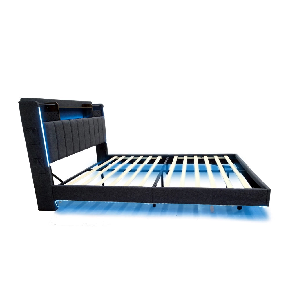 Letto imbottito 140x200 cm con USB e LED; lino; grigio (Senza materasso)