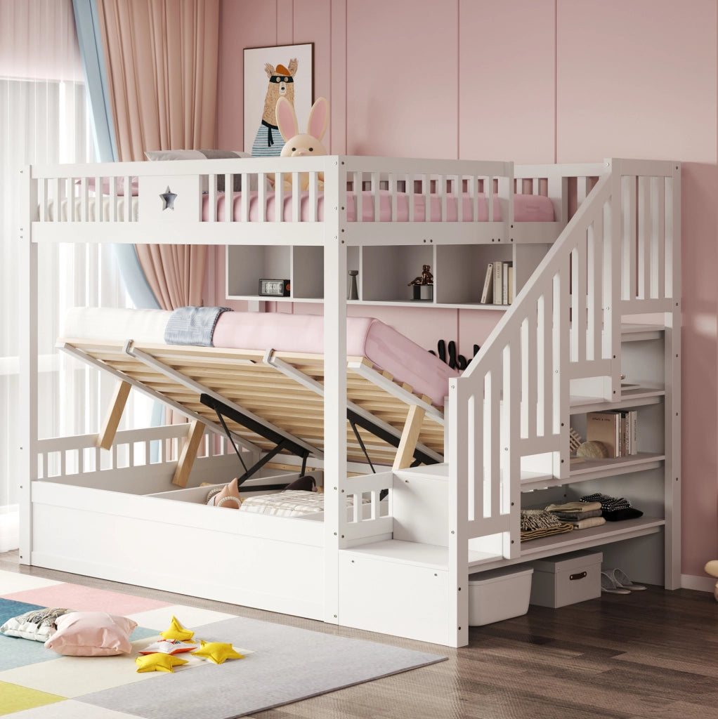 Letto a castello 140x200 cm in legno bianco con contenitore idraulico; ripiani e scala