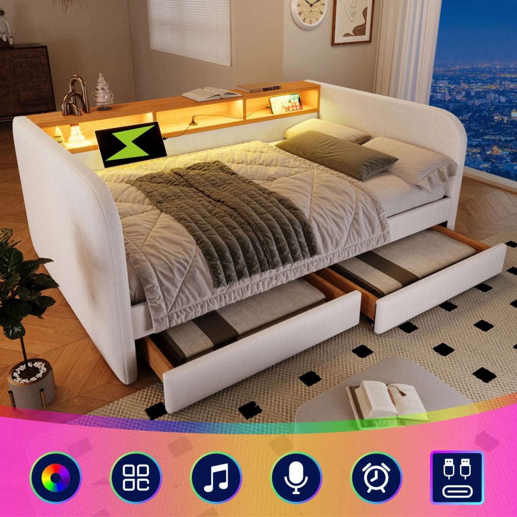 Letto imbottito 140x190 cm con LED, USB-C e 2 cassetti beige