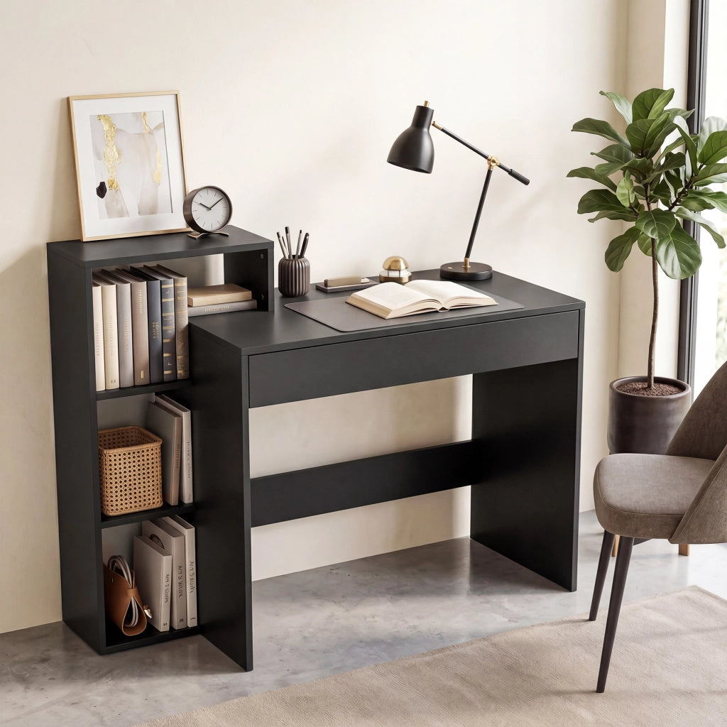 Scrivania con cassetto e scaffali ¨C Zephmum ¨C Nero 100x40x90 cm