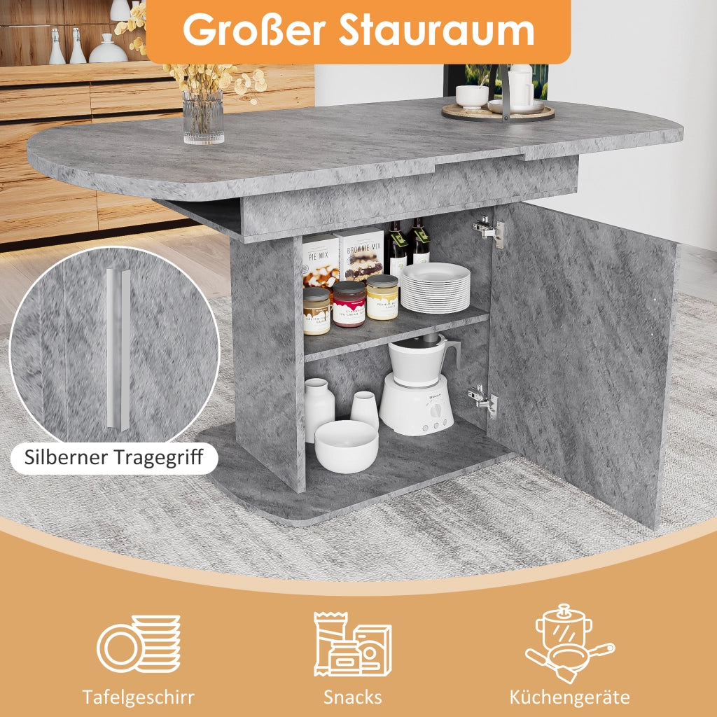 Tavolo da pranzo allungabile ovale con vani contenitore e armadietti, per sala da pranzo e soggiorno, grigio