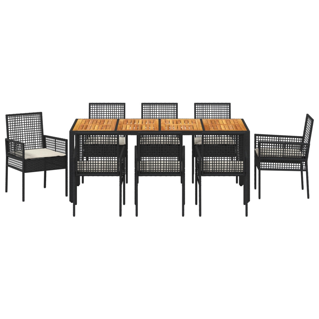 Set da Pranzo da Giardino 9 Pezzi con Cuscini Neri in Poly Rattan