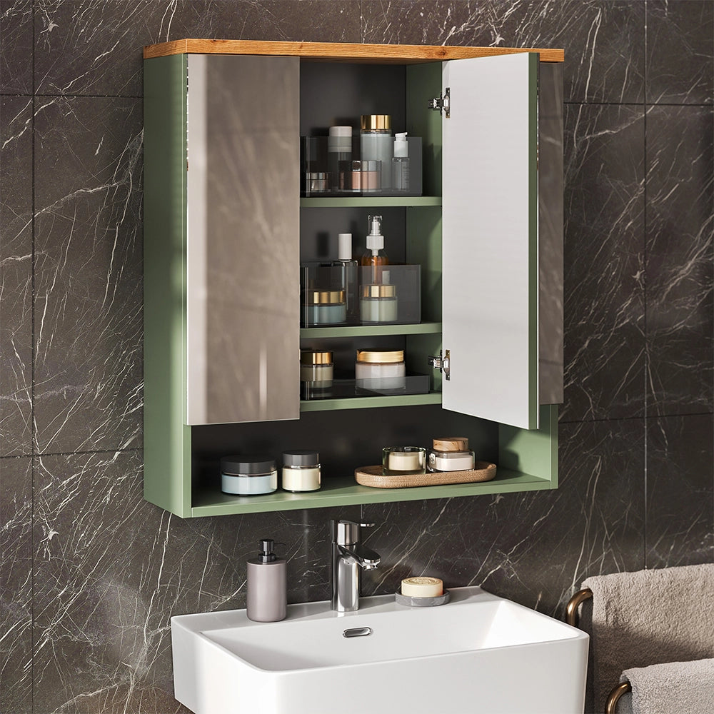 Vicco Specchio contenitore bagno Verde/Artigianale 70 x 77.5 cm con 3 ante a specchio
