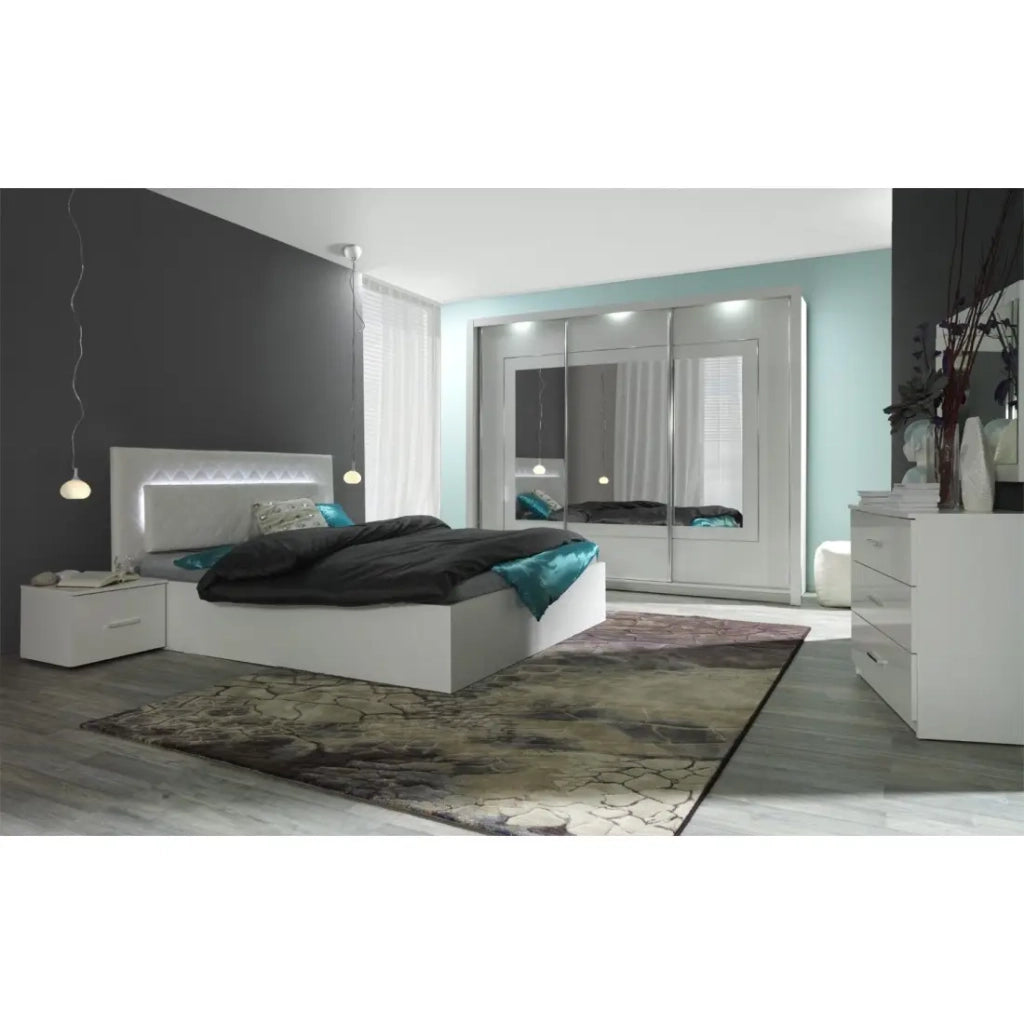 Set letto PANAREA 180x200 con LED, doghe e comodini - Bianco lucido - Letto design moderno