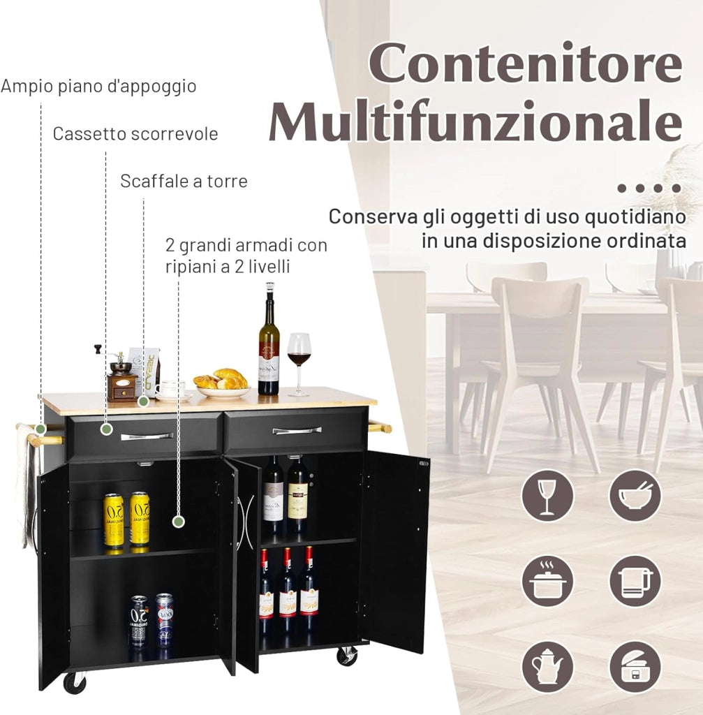 Carrello da Cucina con Cassetti, Isola Cucina con Piano in Legno di Gomma, con 4 Ante Ripiani Regolabili e Porta Asciugamani, per Cucina Bar Ristorante, 122x48x93 cm (Nero)