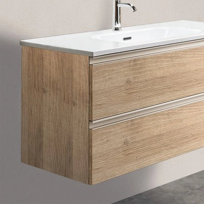 Mobile bagno sospeso 80 cm rovere miele con lavabo e specchio tondo Master