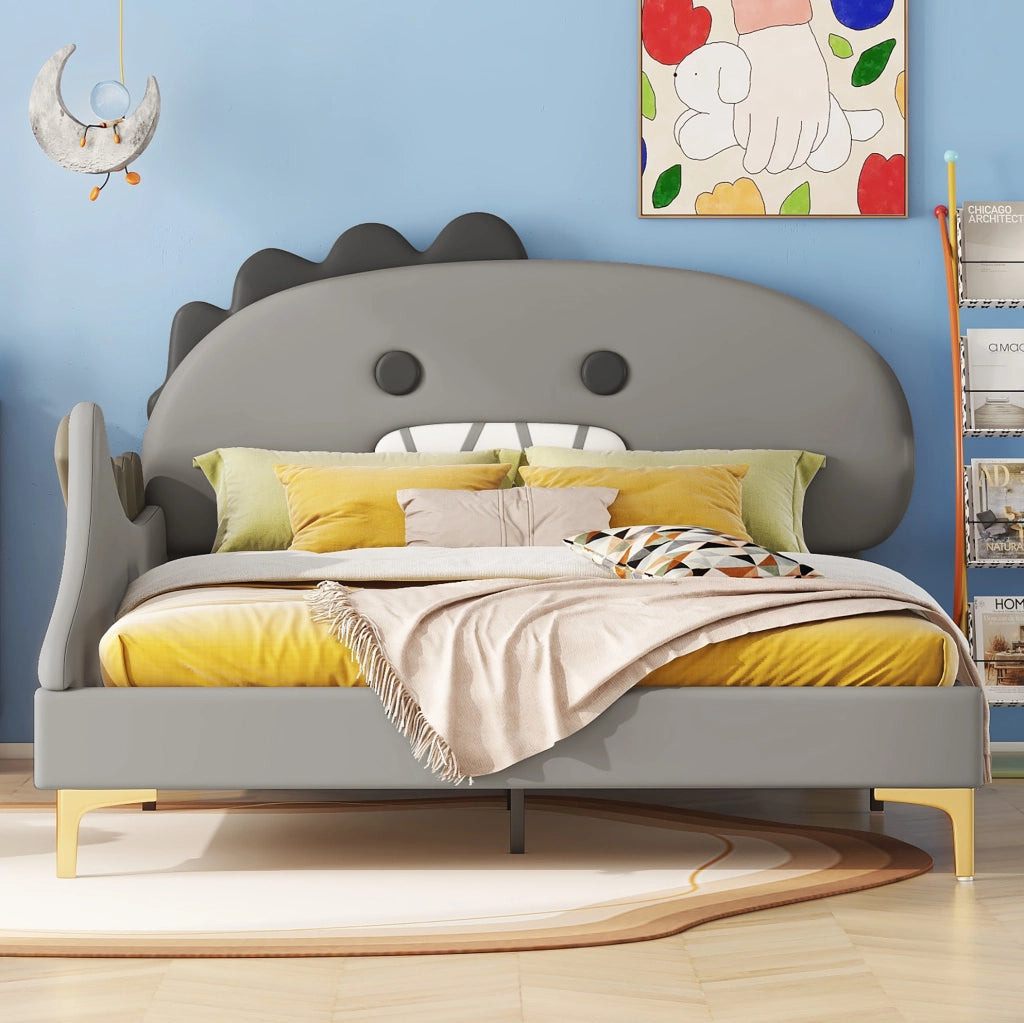 Letto per bambini 140x200 cm; design dinosauro; PU e MDF; grigio