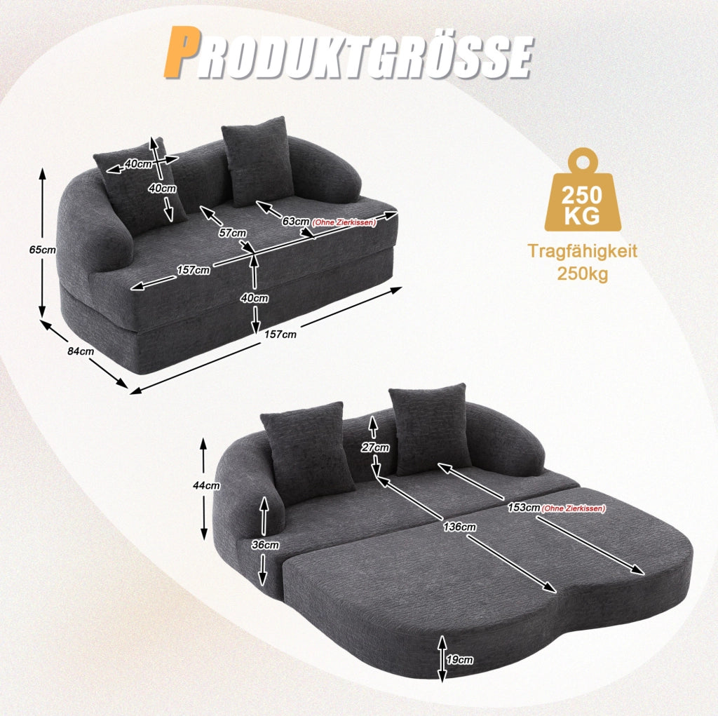 Divano letto 2 posti pieghevole in ciniglia grigio scuro; 157x84x65 cm