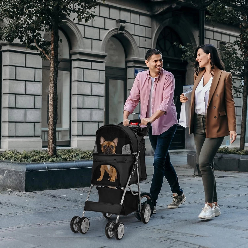Passeggino per Cani Pieghevole, Carrozzina per Cani a 4 Ruote con Finestra a Rete Porta Bicchiere e Cesto, Passeggino Portatile per Animali Piccola e Media (Nero)