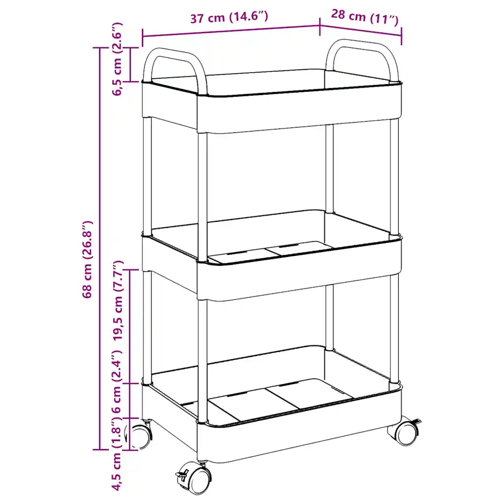 Carrello Portaoggetti a 3 Livelli 37x28x68 cm in Acrilico