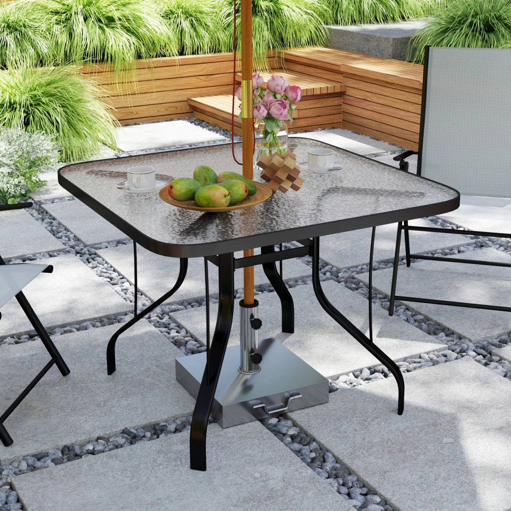Tavolo da Giardino a 4 Posti 96,5x96,5x70 cm con Piano in Vetro e Foro per Ombrellone Ø54 mm Nero