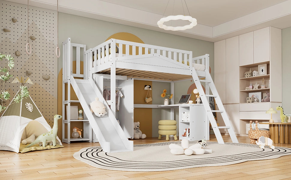 DESMIU Letto a castello Letto per bambini 1 posto con scivolo, scrivania e armadio, 90 × 200 cm, senza materasso, bianco