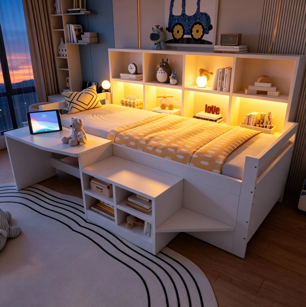 Letto a soppalco 90x200 cm con scrivania; vani portaoggetti e LED in legno bianco