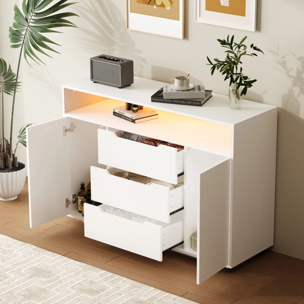 Madia con 3 cassetti; ripiano aperto e LED - per soggiorno - 120×40×85 cm - bianco