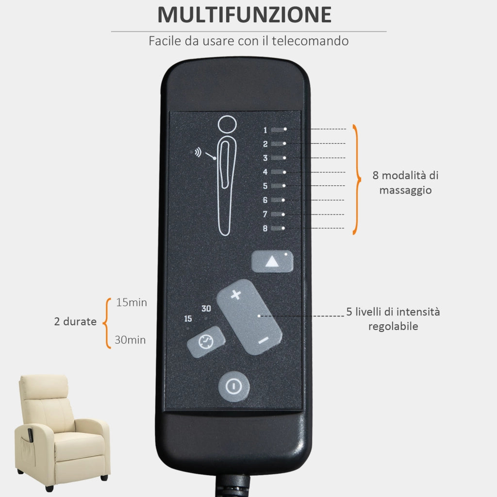 Easycomfort Poltrona Relax Massaggiante con Telecomando e 8 Programmi, Reclinazione e Poggiapiedi, 68x88x98cm, Crema