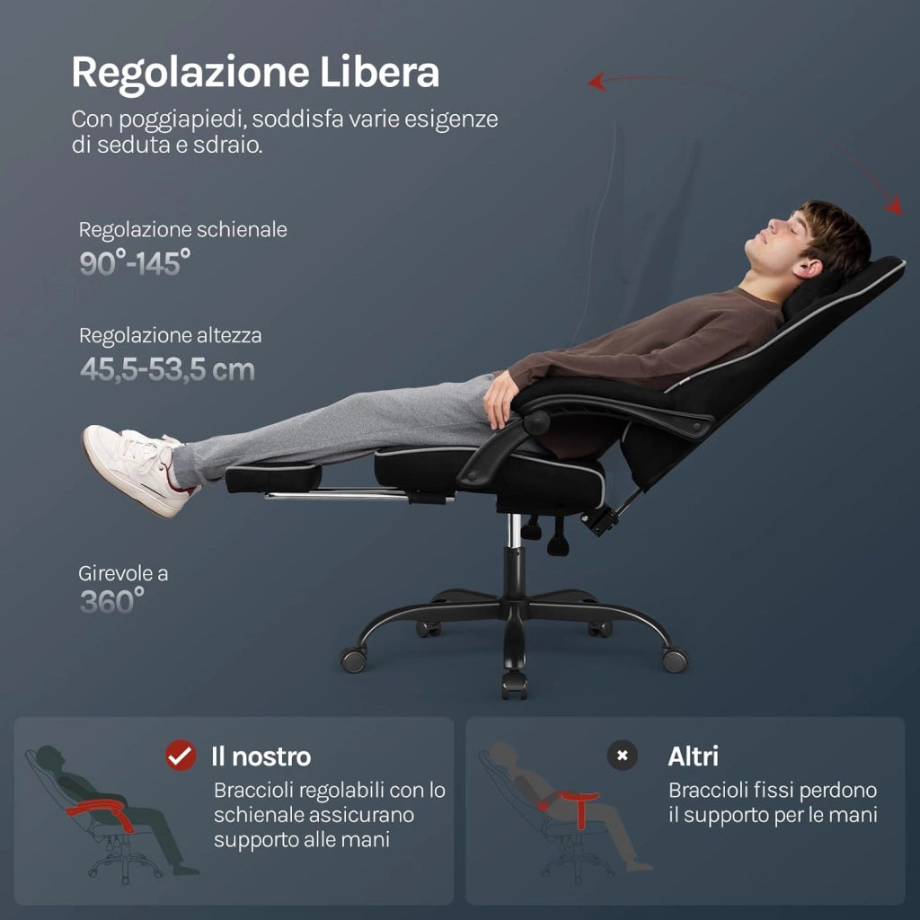 Sedia Gaming, Ampia Sedia da Ufficio Ergonomica Imbottita con Cuscino a Molla, Alta Capacità di Carico, Poltrona per Computer con Schienale Alto e Poggiapiedi, Tessuto Tecnologico, Nero, GS10sz