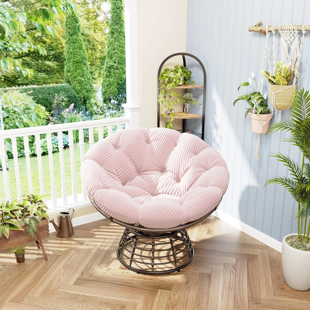 Poltrona Papasan Girevole ¨C Xylo ¨C Vimini, Cuscino Rosa, Struttura Marrone