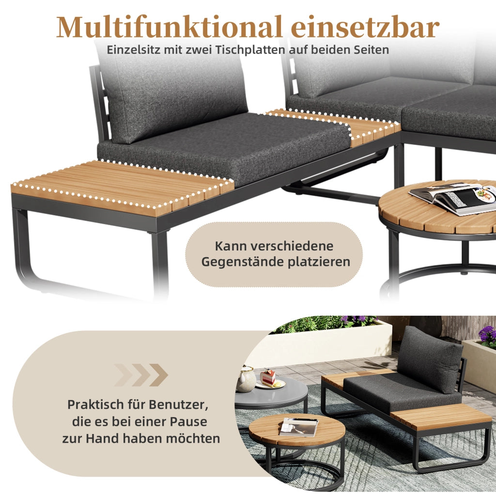 Set lounge da giardino 5 posti con 2 tavolini impilabili in ferro grigio con cuscini inclusi