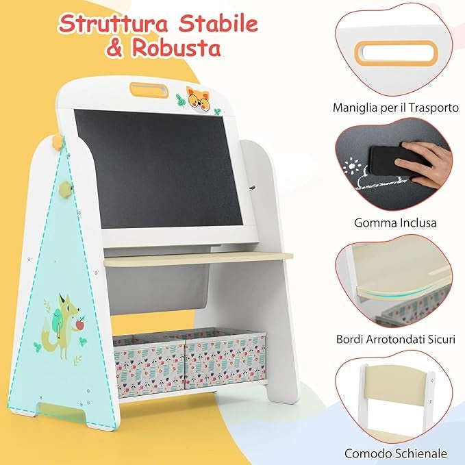 Set Tavolo e Sedia per Bambini, Lavagnetta Cancellabile Bambini con Sedia, Scaffale, 2 Contenitori in Tessuto, Gomma e Gessetti, Tavolino per Cameretta (Naturale)