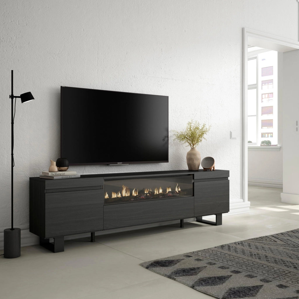 Mobile TV, 200x35x57cm, soggiorno, Per TV fino a 80", Camino elettrico, Design industriale, Nero RF2188