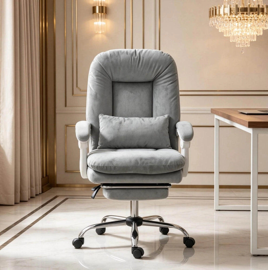 Sedia da ufficio ergonomica in velluto grigio con poggiapiedi
