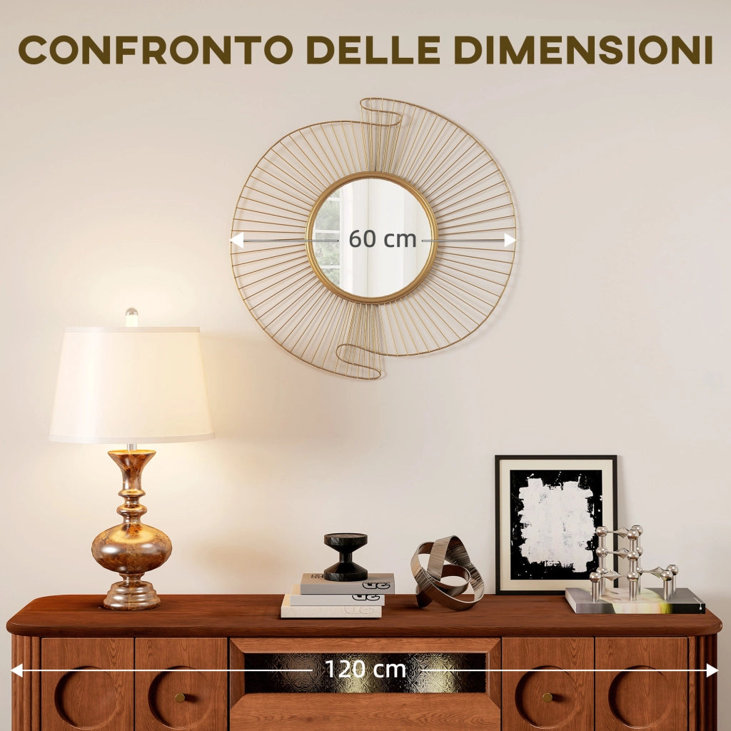 Specchio da Parete Rotondo con Cornice in Metallo e Design Plissettato ¨C Zephmum ¨C 60x60 cm, Oro