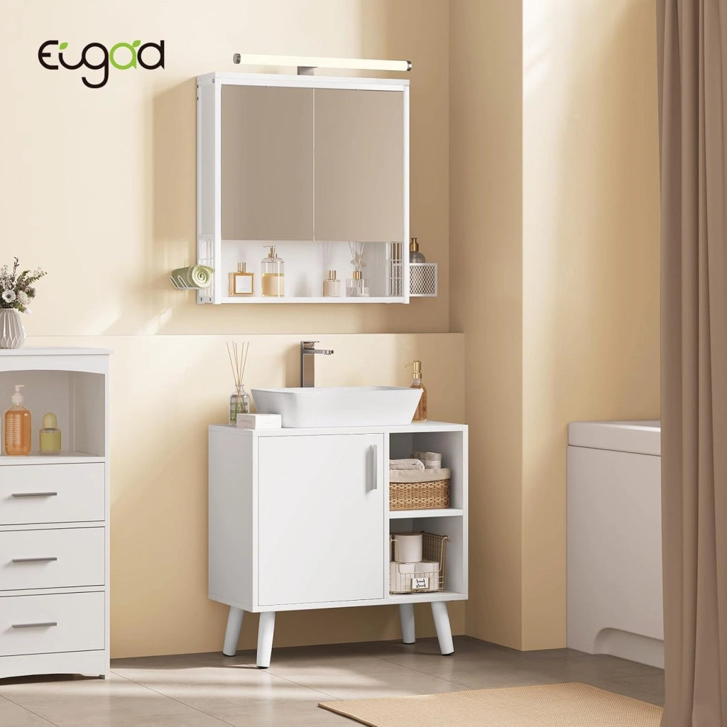 Mobile Bagno con Anta, Lavandino con 2 Vani a Giorno, Mobiletto da Bagno Freestanding, Legno Massiccio, Bianco, 60x30x60 cm