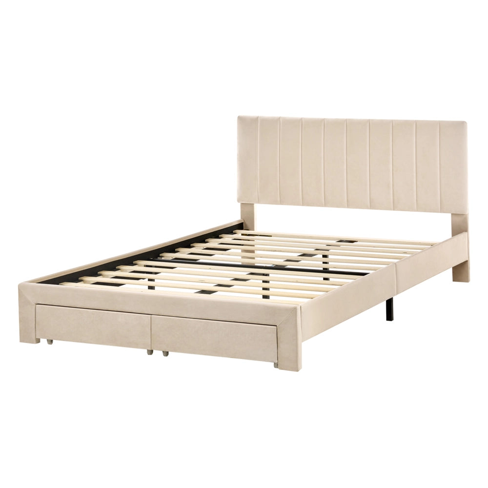 Letto matrimoniale 140 x 200 cm Beige Rivestimento in velluto 4ft con cassetti Testiera Base a doghe Moderno
