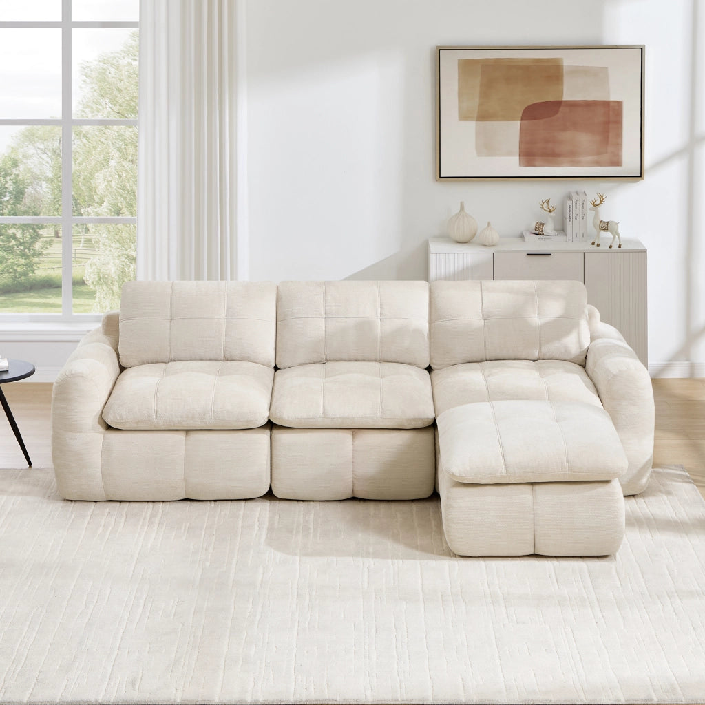 Divano modulare 3 posti - con rivestimento in chenille e pouf - per soggiorno - beige