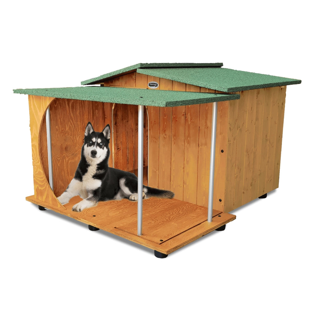 CUCCIA IN LEGNO PER CANI DA ESTERNO MODELLO OASI E VERANDA D-PASTORE CON "TENDINA OMAGGIO"
