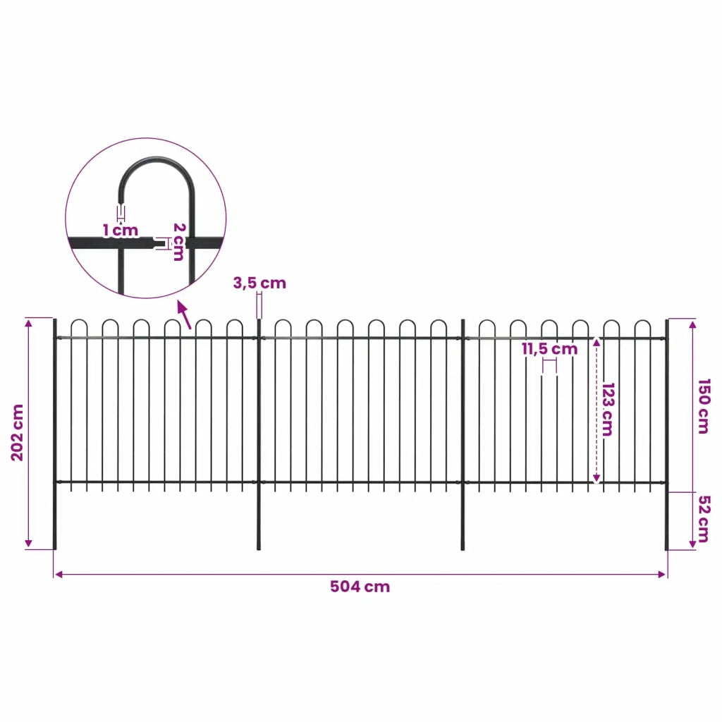 Recinzione da Giardino con Parte Superiore ad Anello in Acciaio 504x150 cm Nera 277676