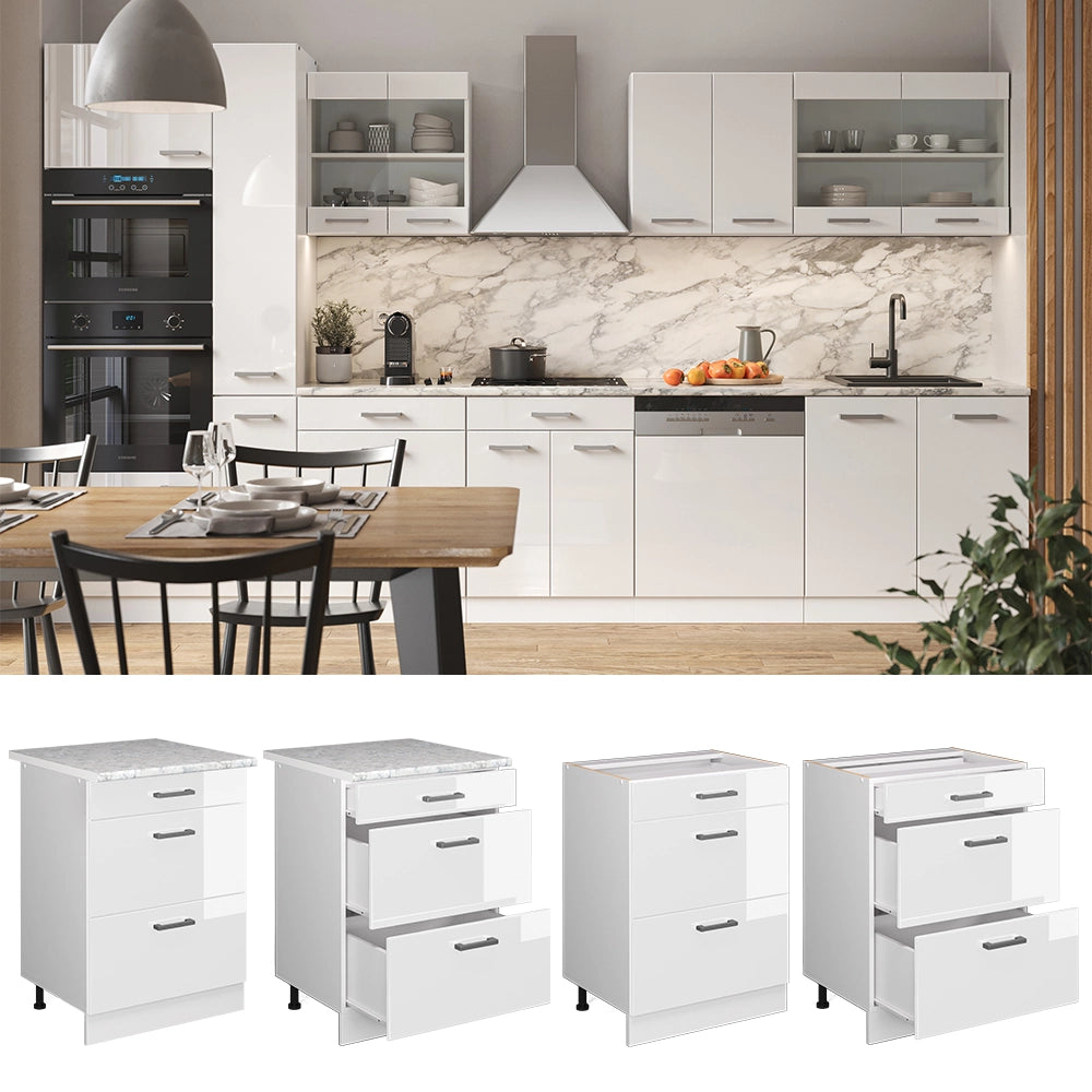 Vicco Mobiletto base per cucina Bianco lucido 60 cm con cassetti, senza piano di lavoro