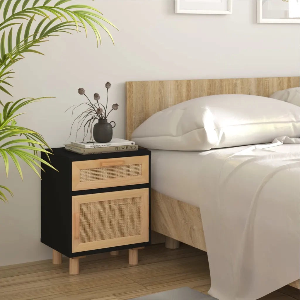 Comodino-Tavolino da notte Nero in Legno Massello di Pino e Rattan Naturale