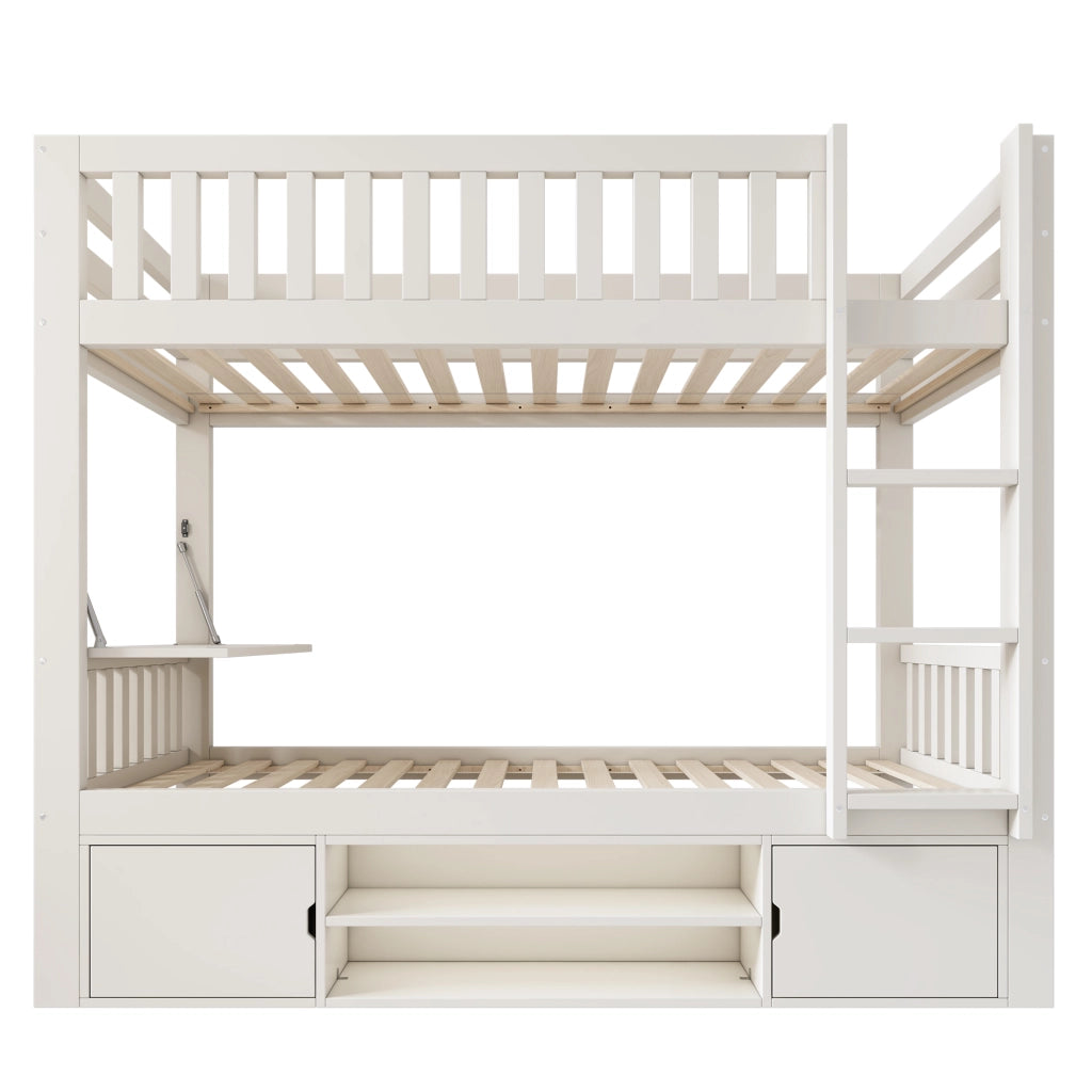 Letto a castello per bambini bianco - Zephmum- 90x200 cm con tavolo pieghevole e scaffale per scarpe, certificato EN 747, senza materasso