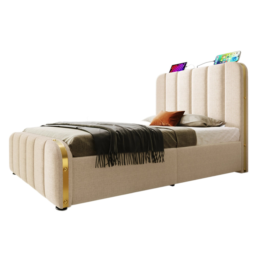 Letto singolo imbottito 90x200 cm in lino beige con 4 cassetti; USB e testiera con materasso