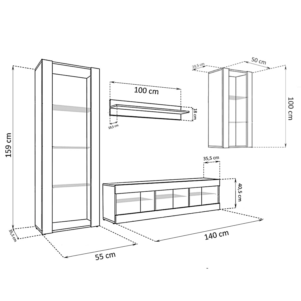 Set Di Mobili Porta TV Tivoli Medio, Komodee, Bianco/Bianco, Senza LED, Larghezza 245 cm x Altezza 159 cm x Profondità 35 cm, Per soggiorno, Camera da letto