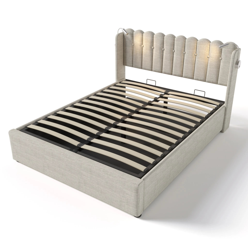 Letto contenitore 140x200 cm in lino naturale con testiera; luce da lettura e ricarica USB