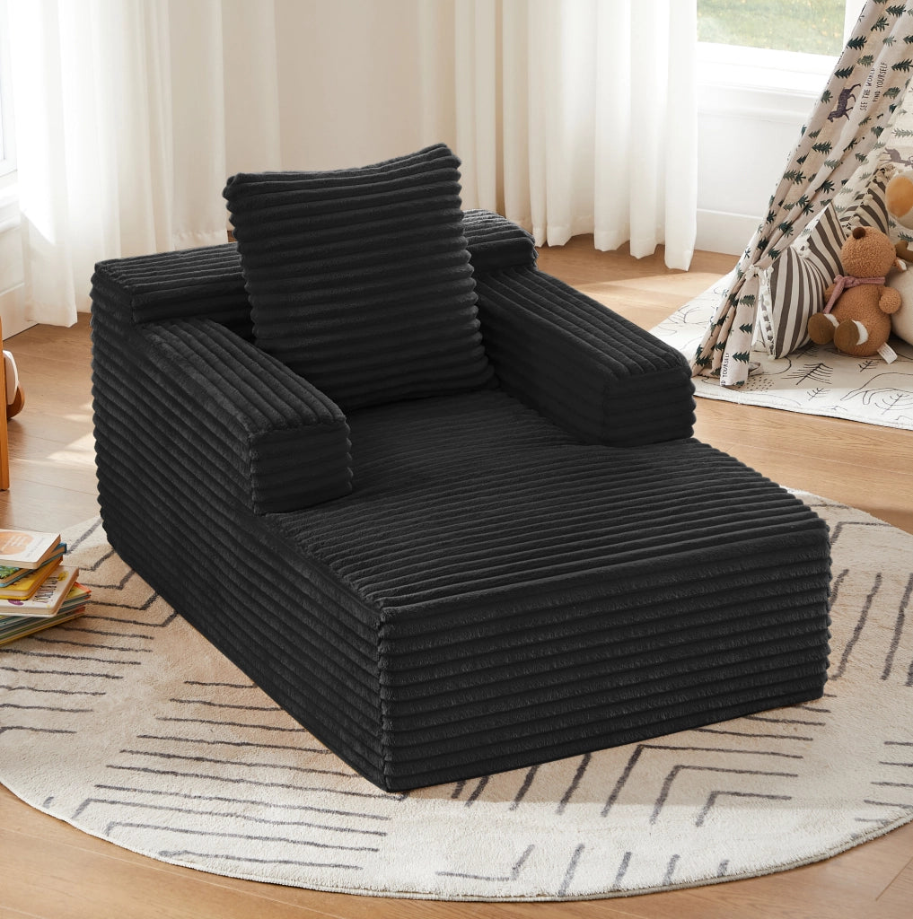 Divano letto ULEVR in velluto a coste nero, chaise longue e poltrona relax senza montaggio