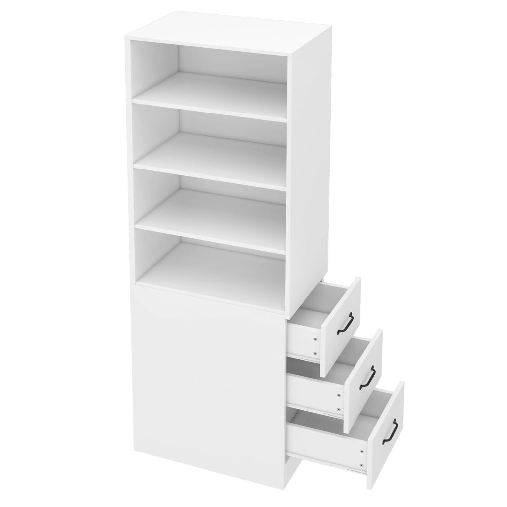 Libreria stretta alta 180 cm con cassetti laterali; bianco