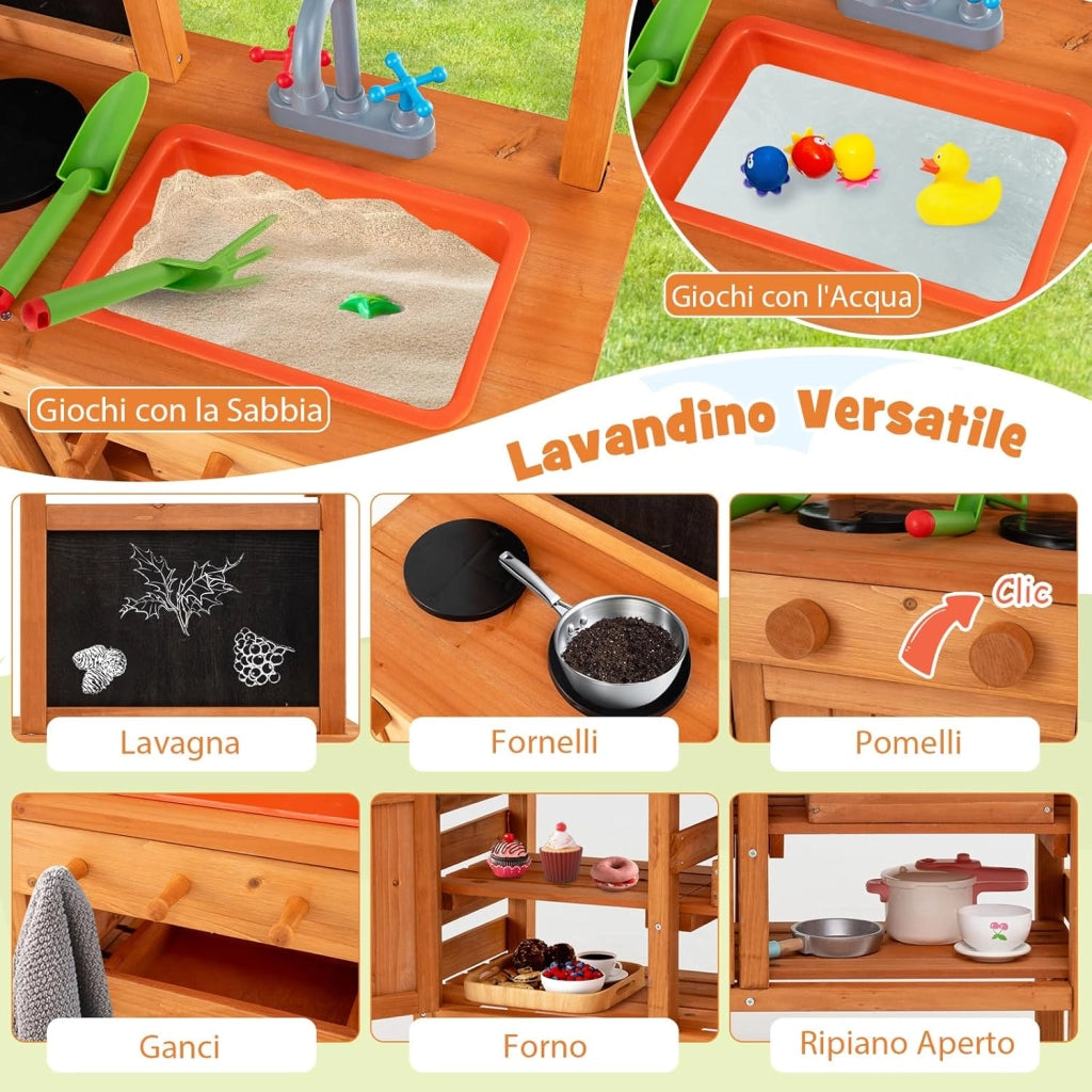 Cucina Giocattolo per Giardino con Attrezzi da Giardinaggio 2 in 1, Cucina per Bambini in Legno di Pino con Tettoia Regolabile, 4 Vasi e Lavagna, Set Cucina con 9 Accessori, 77 x 52 x 135 cm